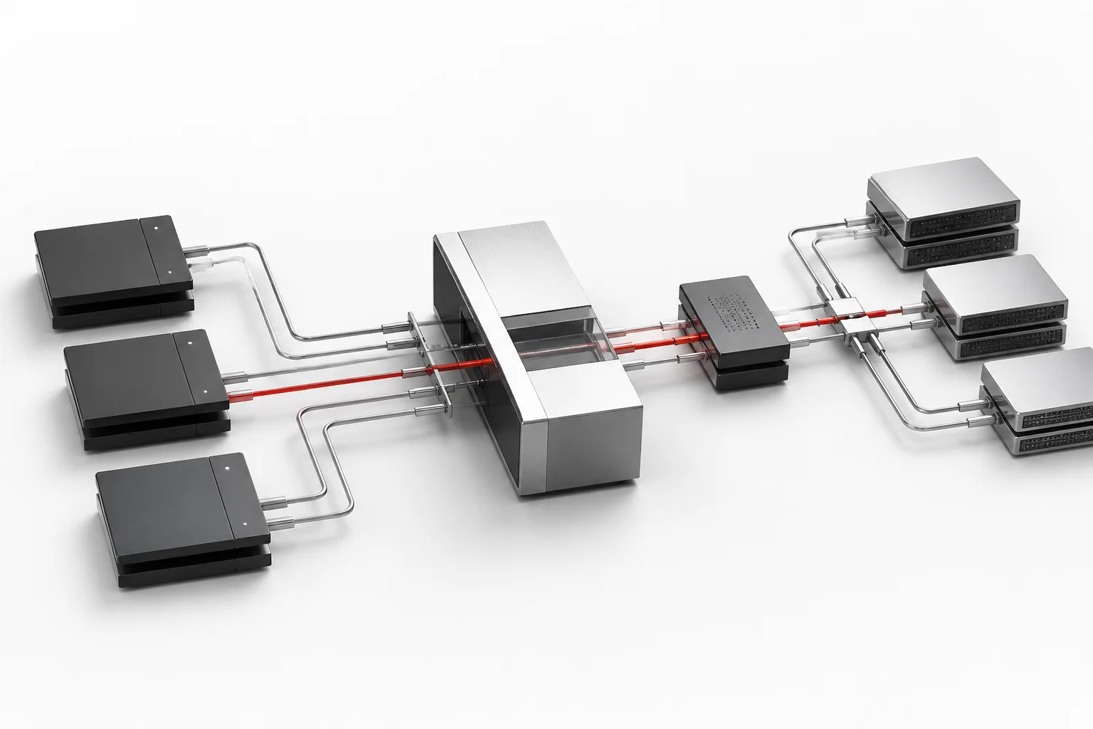 A modular integration gateway routing data between connected systems