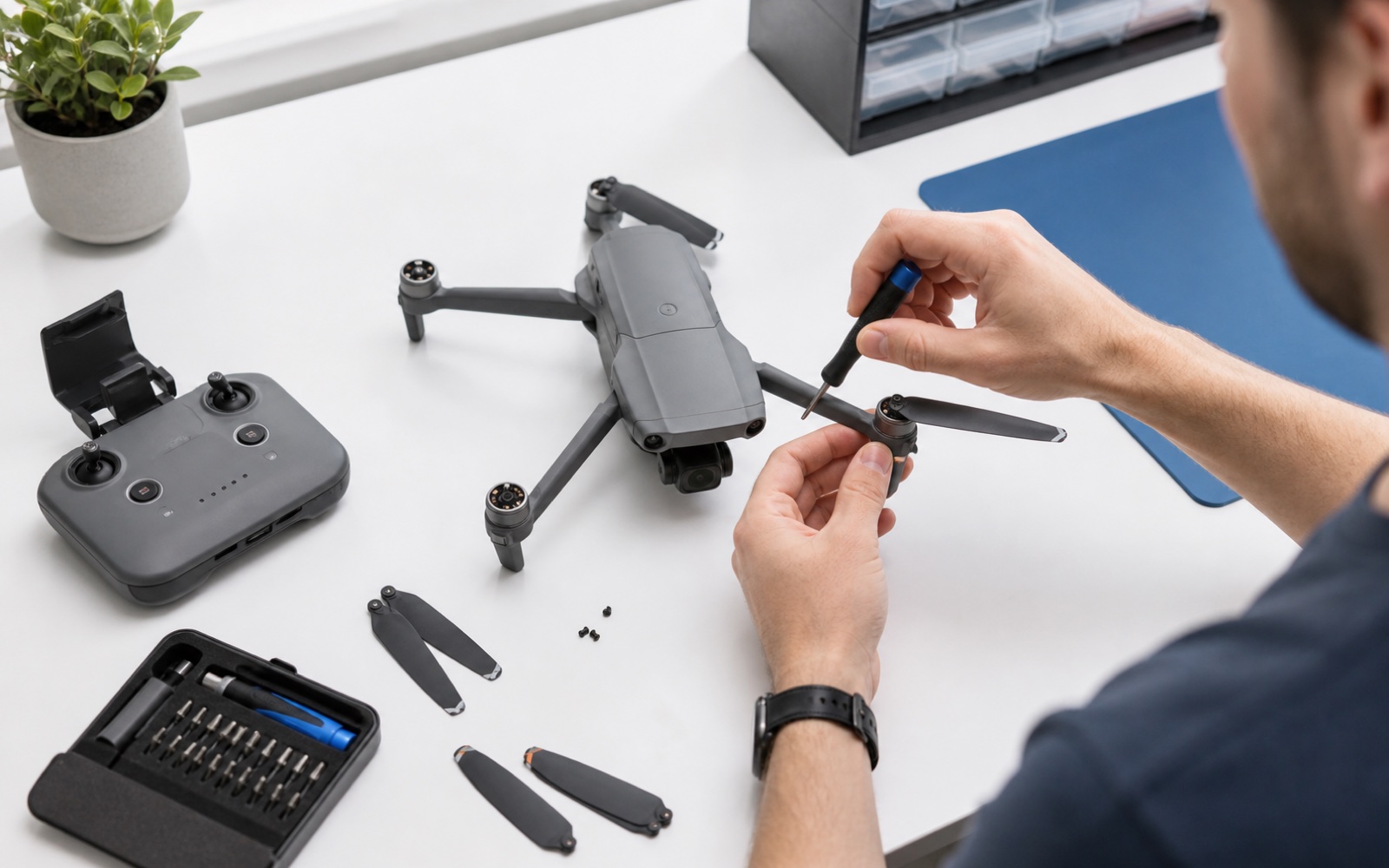 Technician repairing a compact camera drone on a clean workbench