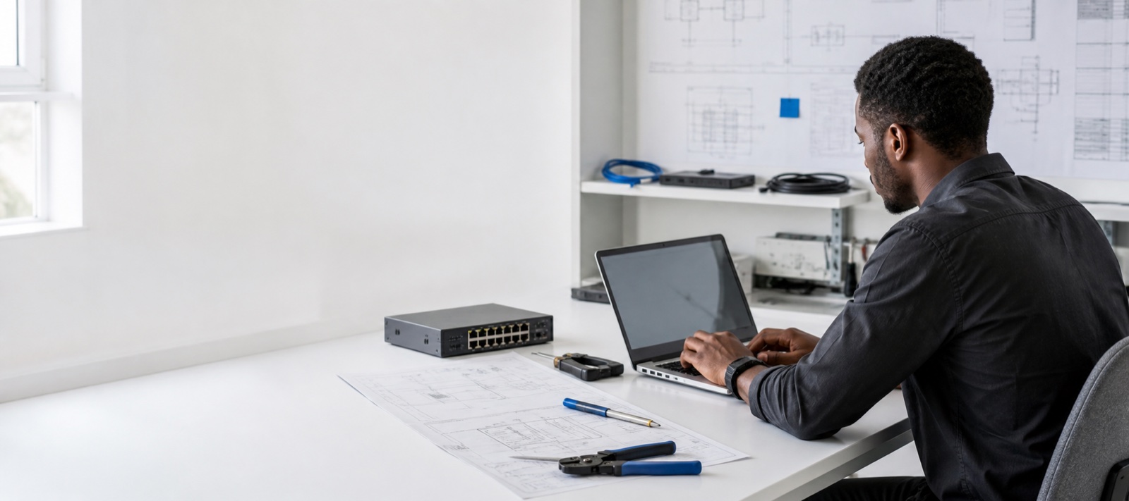 Engineer developing a digital system in a bright technical studio