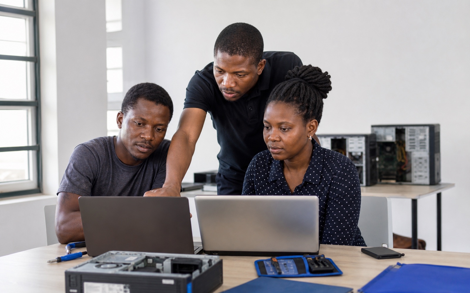 Instructor guiding two learners through a technical computer workshop