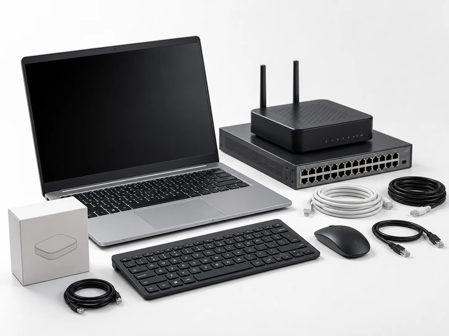 Laptop, router, network switch and accessories arranged for ICT supply