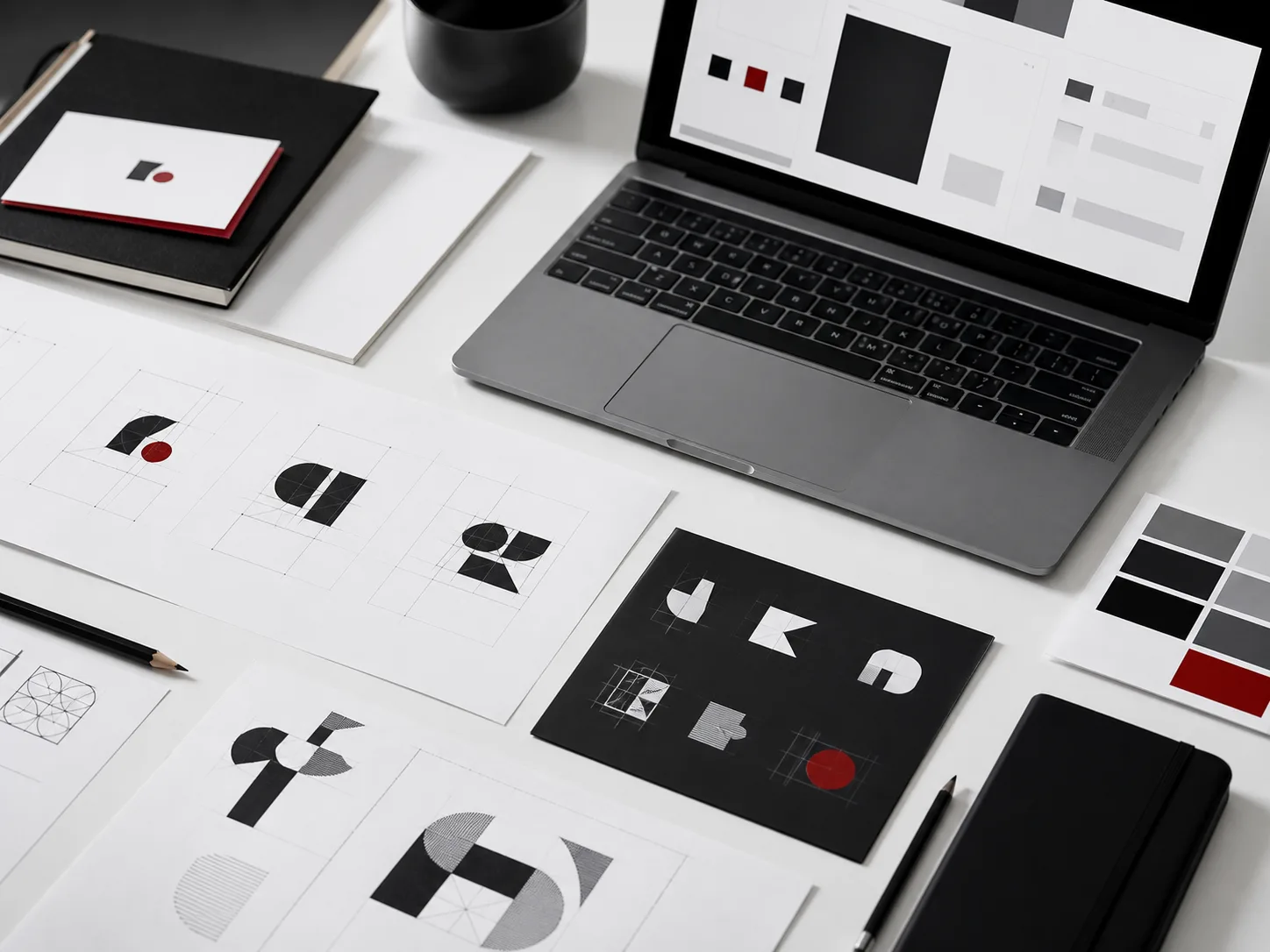Brand identity studies and interface design work arranged on a white studio desk