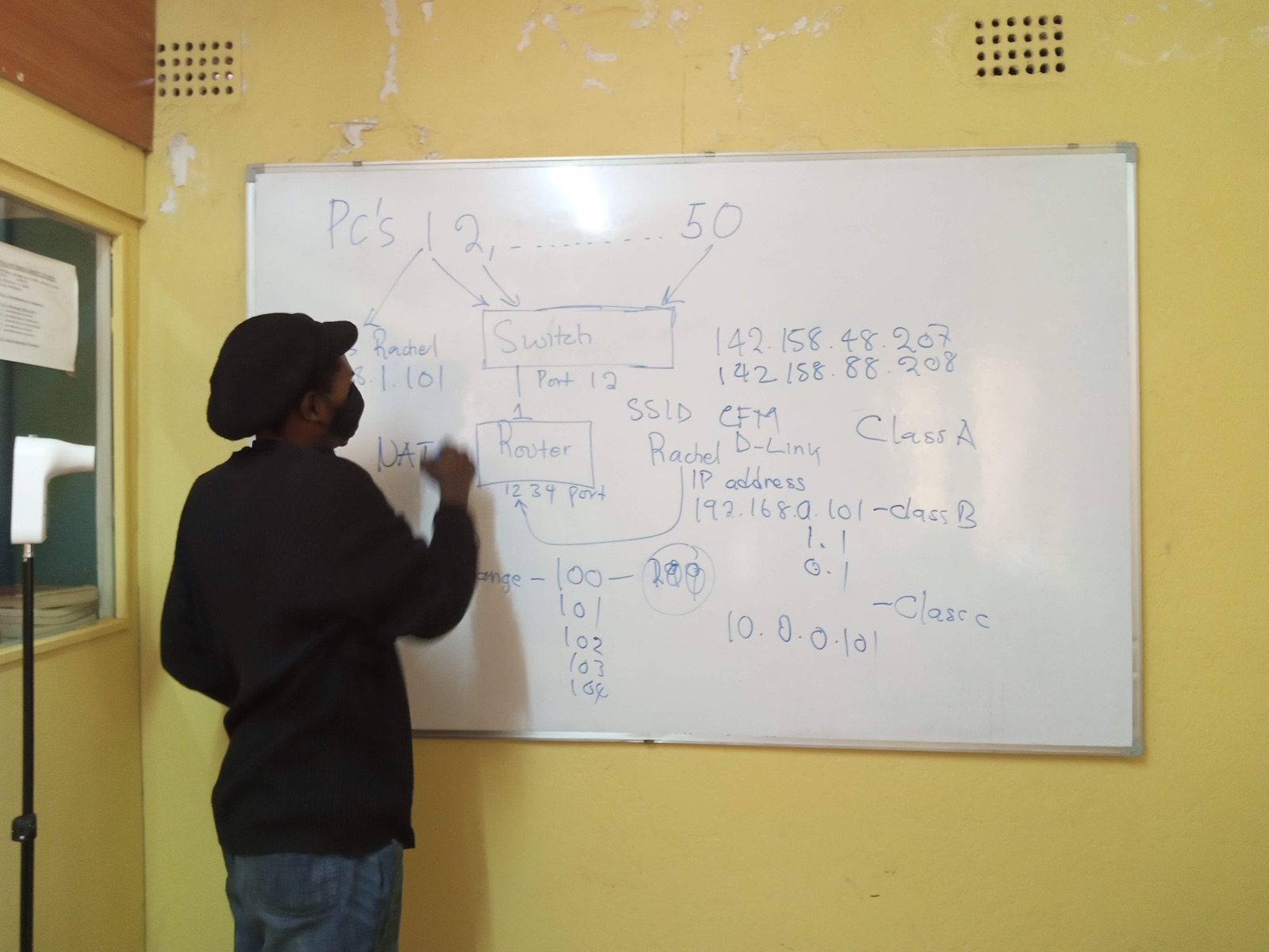 A CFMS instructor explaining RACHEL and Kolibri concepts on a whiteboard